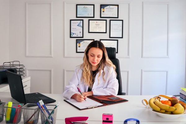 Nutritionist sits at a modern office desk writing, with fruits and diplomas displayed, emphasizing health and professionalism.